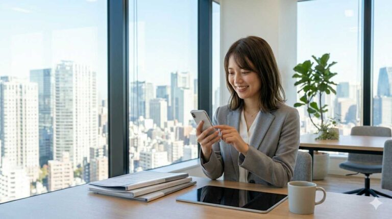 smiling business female suit smartphone