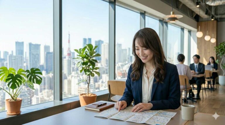 happy young business woman city office