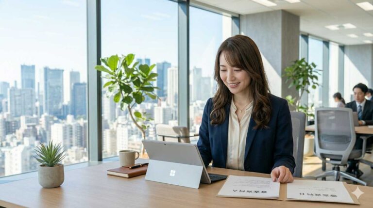 20代前半のエリートビジネスパーソン（女性）。明るく知的な「かわいい系」の笑顔を浮かべ、オフィスで2つの異なる審査資料を冷静に比較しているシーン。手元にはスタイリッシュなタブレットがあり、背景は自然光が差し込むクリーンでモダンな空間。紺のスーツが映える、信頼感と透明性を象徴するシンプルでおしゃれな構図。