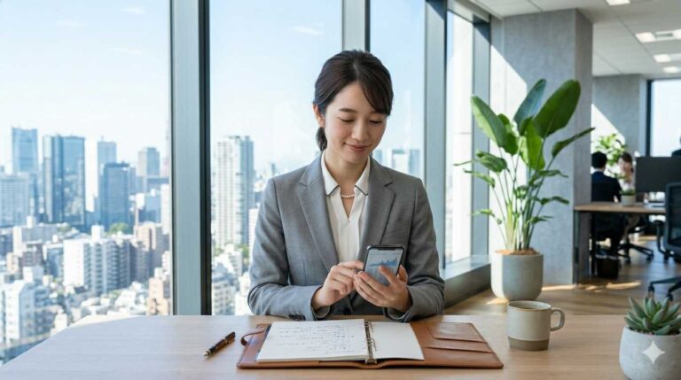 洗練されたライトグレーのスーツを着た20代前半のエリートビジネスパーソン（女性）。「かわいい系」の落ち着いた笑顔を浮かべ、手元のスマートフォンで財務データを確認しながら、冷静に次の資金計画を練っているシーン。背景は自然光が差し込む明るいオフィスで、継続的な取引による安定した資金管理を象徴する、シンプルでおしゃれな構図。