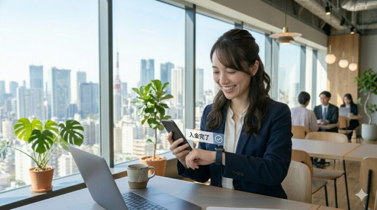 happy business woman smartphone office または young professional female check watch