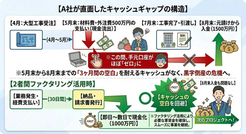 キャッシュギャップの構造を説明する日本語のインフォグラフィック。4月から8月までの資金の流れとリスク、対策を図解。