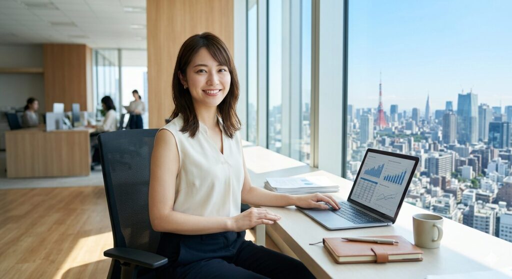 Smiling woman sits at a desk by a large window with a city skyline, using a laptop displaying charts and graphs.