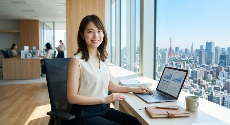 Smiling woman sits at a desk by a large window with a city skyline, using a laptop displaying charts and graphs.