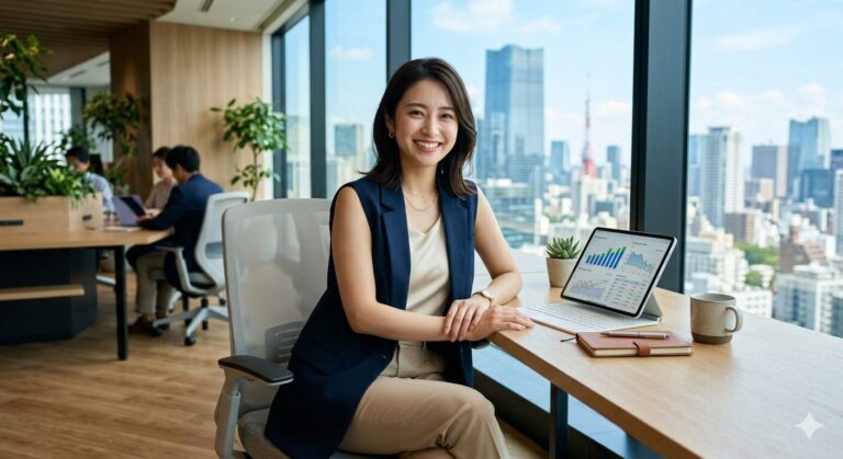 Woman in a business casual outfit sits at a desk by a window, smiling, with a tablet showing charts and a mug nearby, city skyline in background.