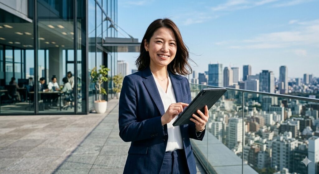 business woman smiling tablet office city suit
