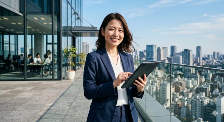 business woman smiling tablet office city suit