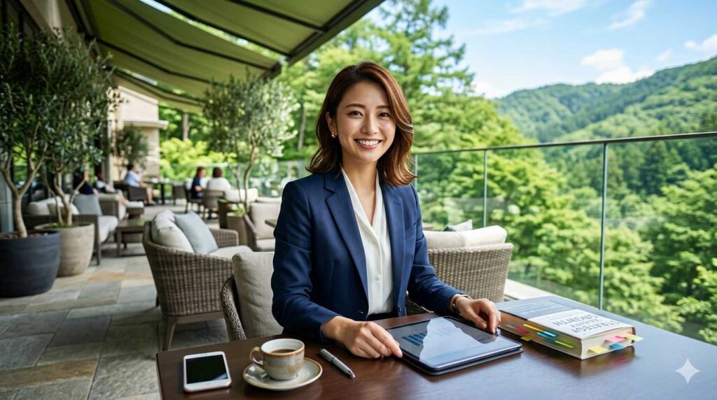 business woman smiling laptop terrace nature luxury
