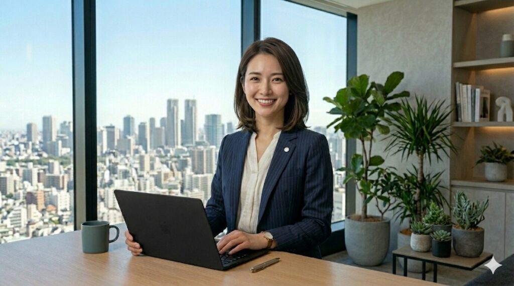 Professional woman in a navy blazer typing on a laptop at a desk with a city skyline visible through large windows behind her.