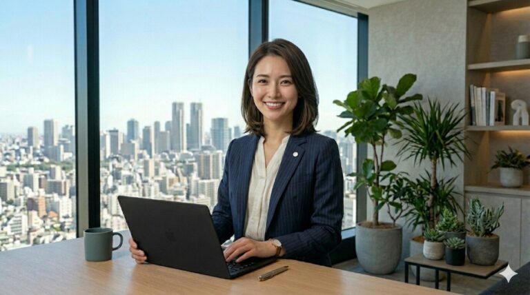Professional woman in a navy blazer typing on a laptop at a desk with a city skyline visible through large windows behind her.