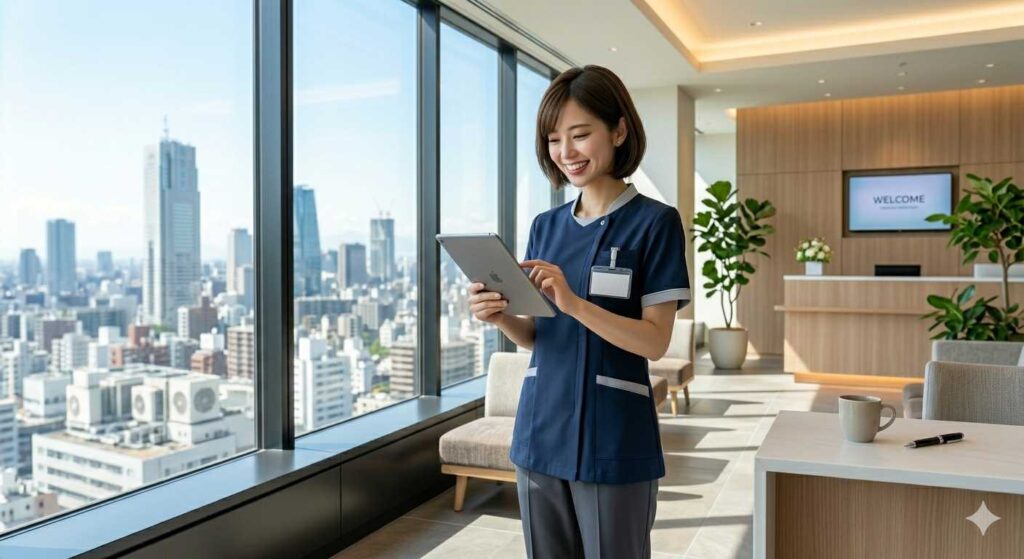 Nurse in navy scrubs using a tablet near a large window with a city view in a bright hotel-like lobby.