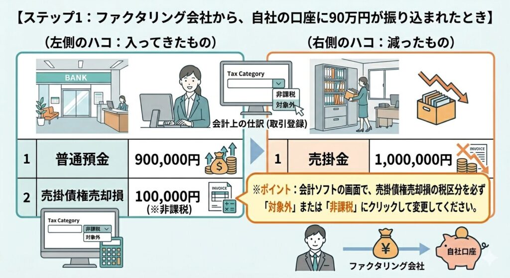 ステップ1：ファクタリングで自社口座へ900,000円入金。左は預金と売掛債権の仕訳、右は売掛金1,000,000円と税区分の説明を示す図。