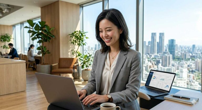 Professional woman in a gray blazer typing on a laptop in a bright office with plants and a city skyline view behind her.