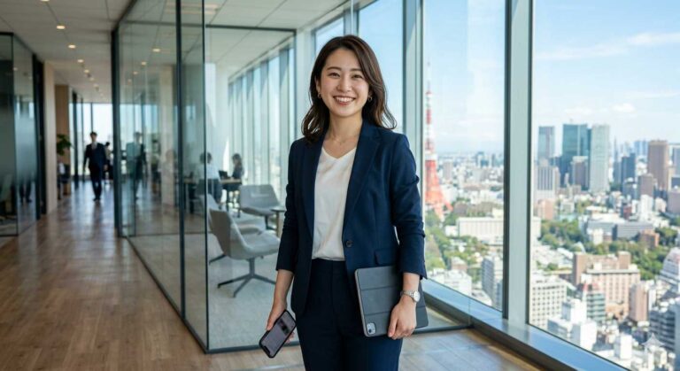 smiling business woman professional office skyscraper light