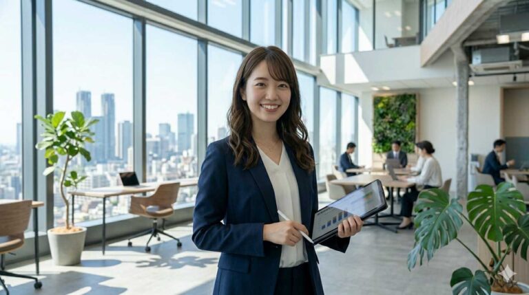 happy business woman smiling tablet office