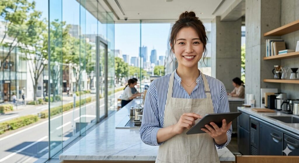 Smiling café employee in a striped shirt and beige apron using a tablet near a marble counter with glass storefronts behind her.