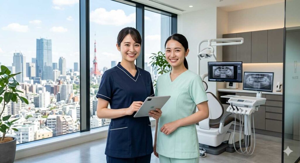 Two female healthcare workers in navy and mint scrubs smile in a modern dental office with dental equipment and a city skyline outside the window.