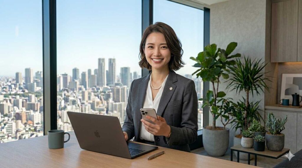 Professional woman in a blazer sits at a desk with a laptop and smartphone, smiling at a high-rise city view through floor-to-ceiling windows.