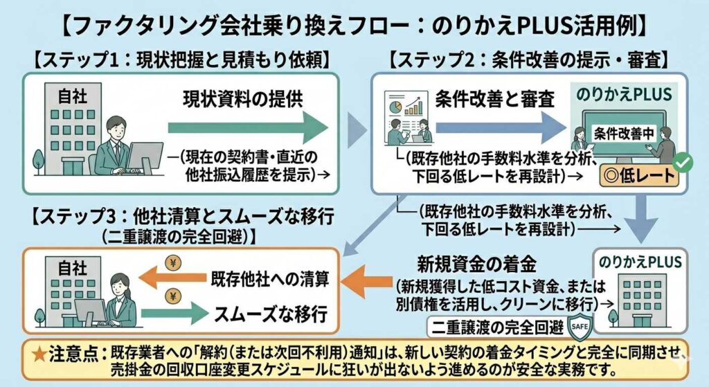 ファクタリング乗り換えの3ステップを図解した情報グラフ。現状資料提供→条件改善と審査→新規資金の着金へ進む流れ。