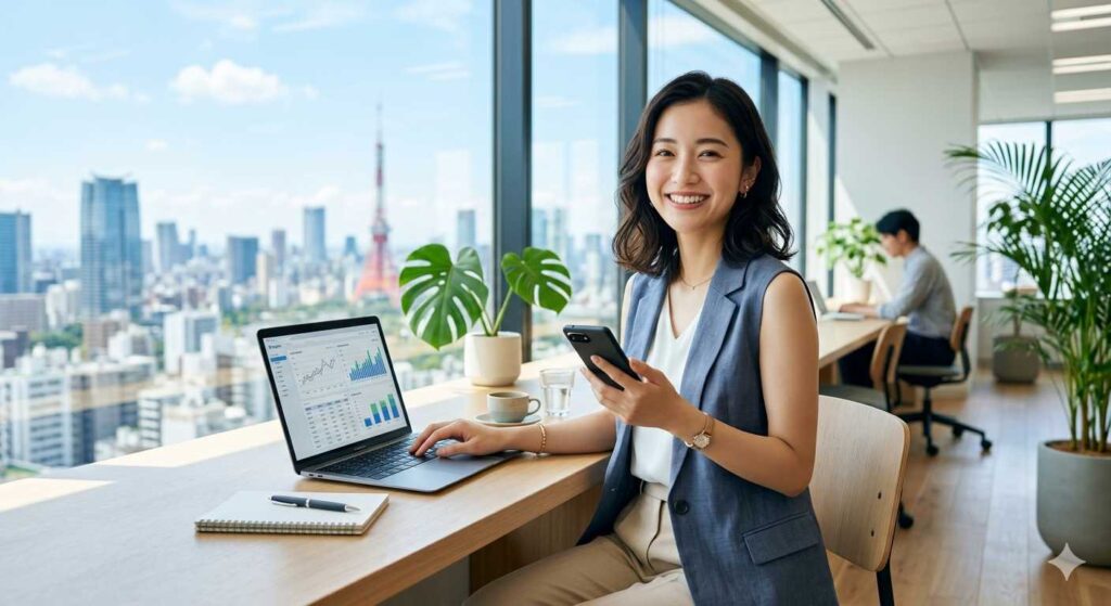 Smiling woman in a blue blazer sits at a windowed desk, using a laptop and smartphone with a city skyline behind.