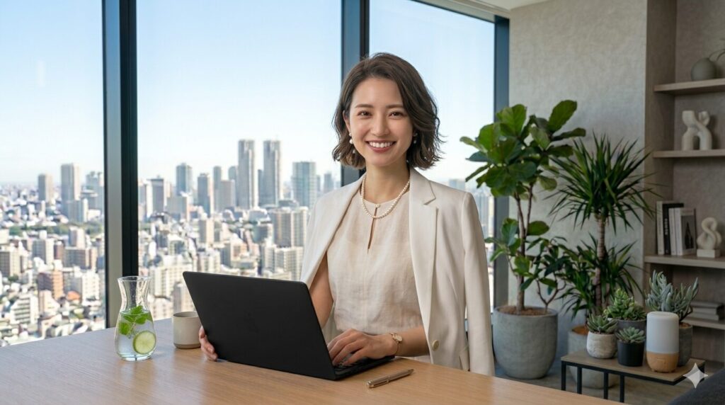 Professional woman in a white blazer sits at a desk with a laptop, smiling at the camera in a bright high‑rise office with a city view behind her.