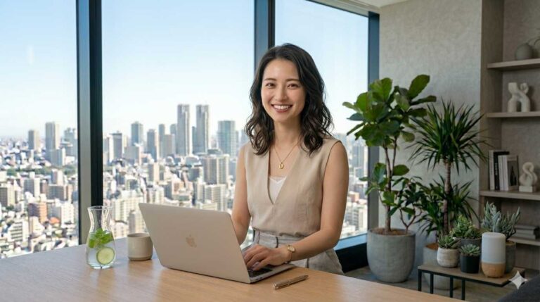 Smiling woman sits at a desk with a laptop in a bright office, large windows reveal a city skyline outside.