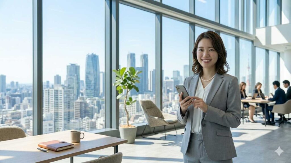 smiling business woman professional smartphone office light