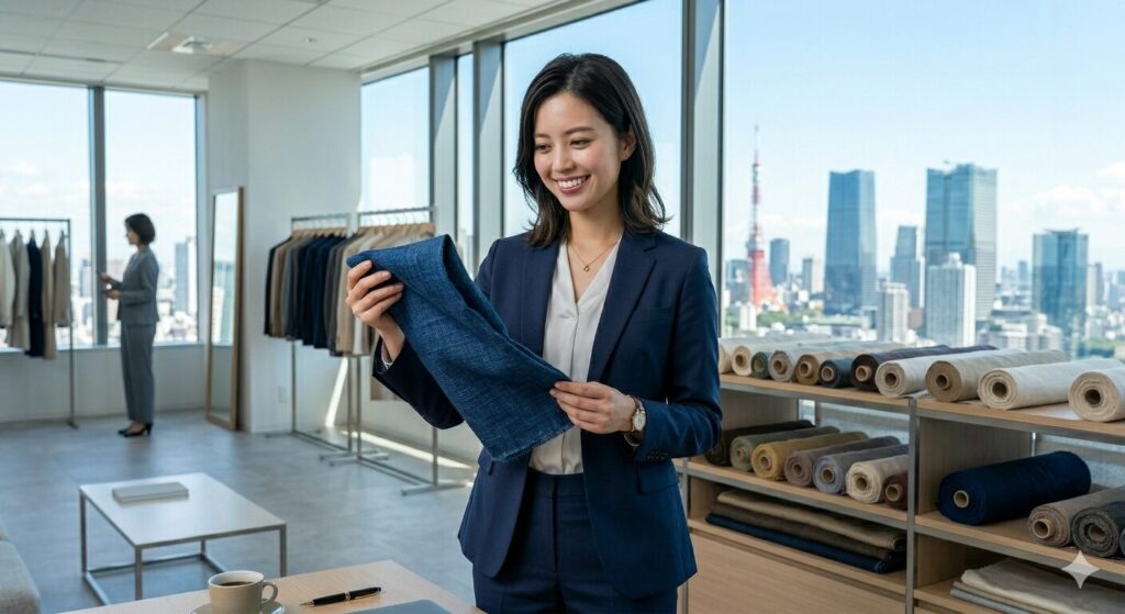 Professional woman in a navy suit holding blue fabric in a modern showroom overlooking a cityscape with fabric rolls on shelves nearby