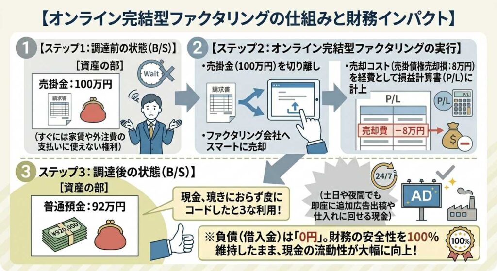 【図解】ファクタリングによる資産（B/S）の摩擦ゼロ変化図
