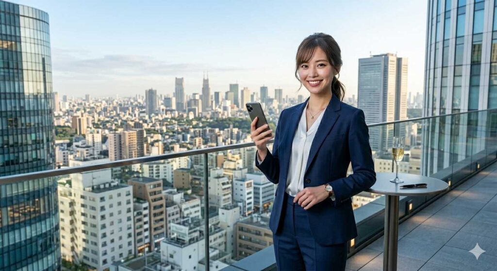 successful business woman smiling smartphone urban office