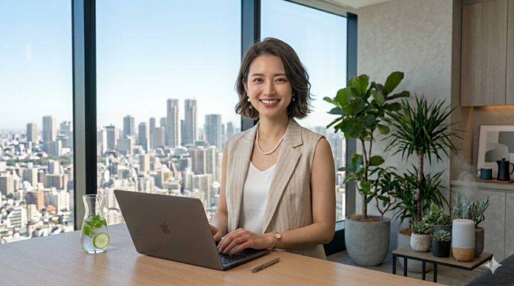 Smiling woman in a beige sleeveless blazer types on a laptop at a desk by a large window with a city skyline outside.