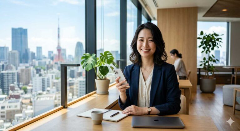 Smiling woman in a navy blazer sits at a wooden desk by large windows, holding a smartphone with a city skyline in the background.
