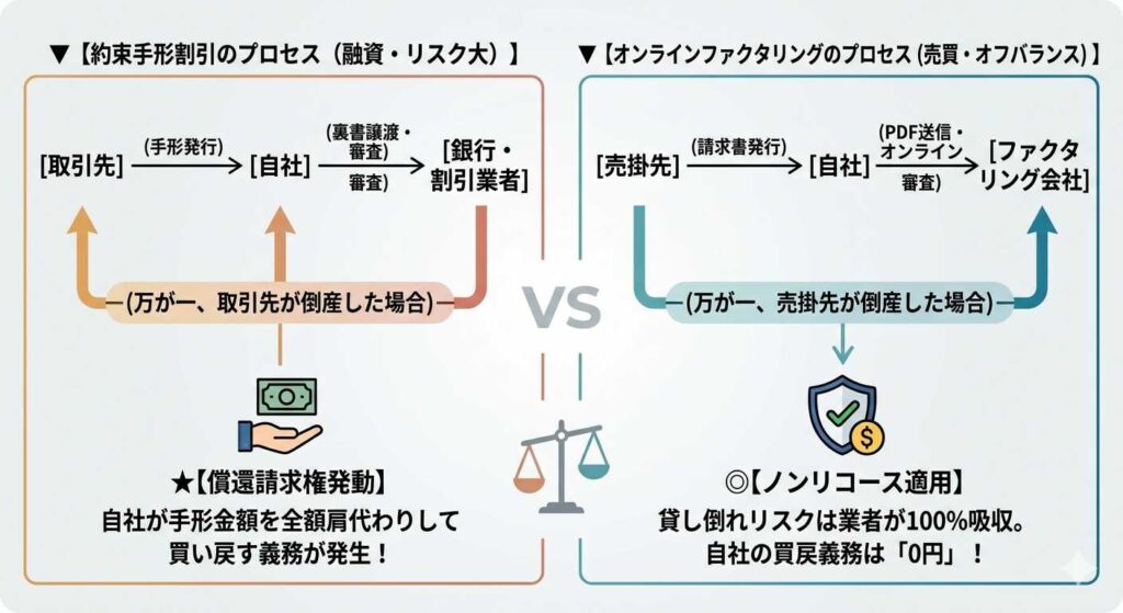 左: 融資・リスクのプロセスと右: オンラインファクタリングのプロセスを比較する図