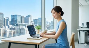 Professional woman in a blue dress working on a laptop at a high-rise office desk by a window overlooking a city skyline.