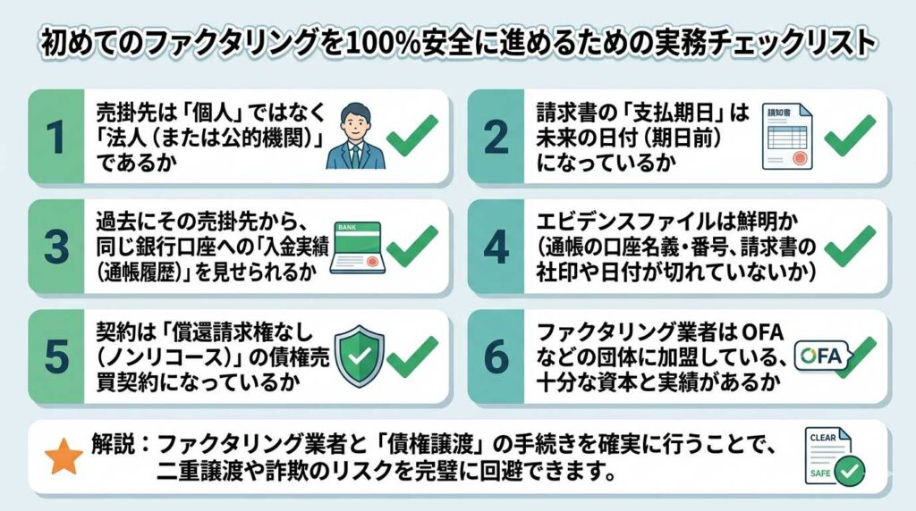 初めてのファクタリングを安全に進めるための実務チェックリスト。6つの項目と緑のチェックマーク付き全体像。