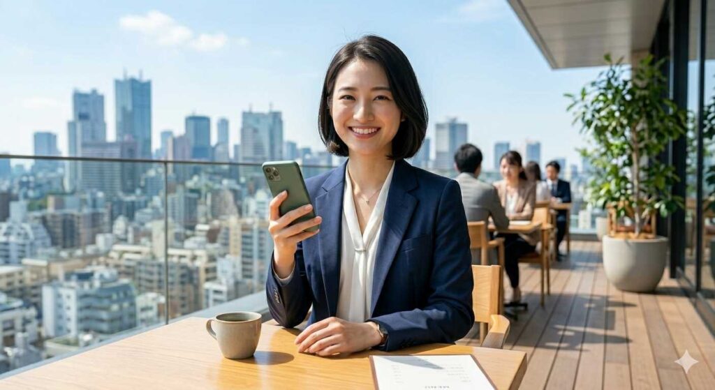 Smiling Asian woman in a navy blazer sits at a rooftop cafe with the city skyline, holding a smartphone; a coffee mug and papers are on the table.