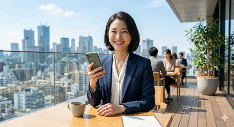 Smiling Asian woman in a navy blazer sits at a rooftop cafe with the city skyline, holding a smartphone; a coffee mug and papers are on the table.