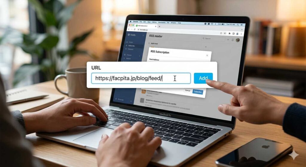 Two people at a desk; a URL is entered into a pop-up dialog on a laptop screen with an Add button.