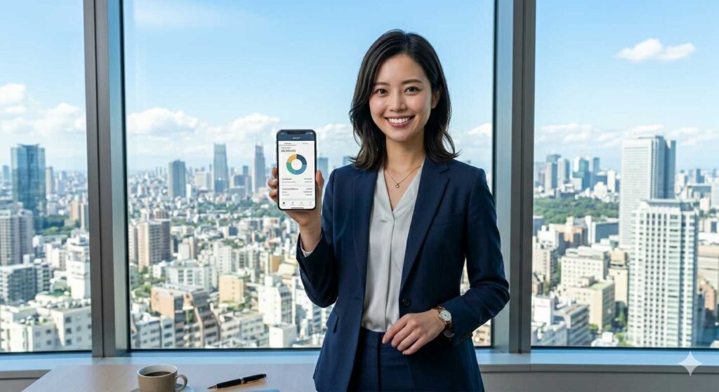 Professional woman in a navy suit holds up a smartphone displaying a dashboard analytics app in a high-rise office with a city skyline behind her.