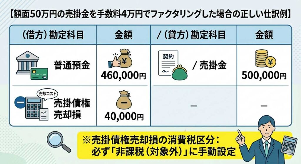 Infographic showing the correct journal entry for factoring a 500,000 yen receivable: debit Cash/Bank 460,000 yen and a 40,000 yen loss (売掛債権売却損), credit Accounts Receivable 500,000 yen; header notes the example in Japanese.