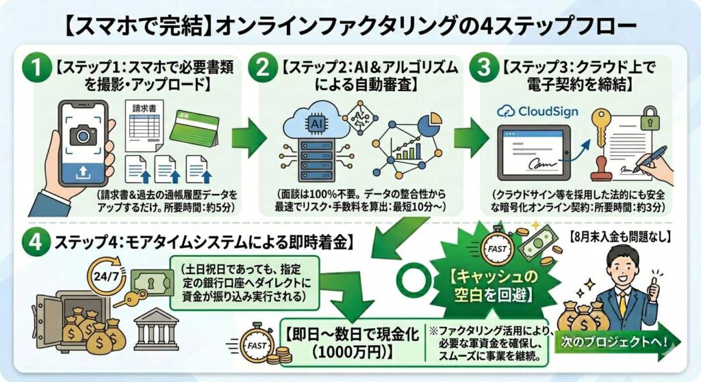 【図解】面談不要＆土日対応ファクタリングの摩擦ゼロ実務フロー