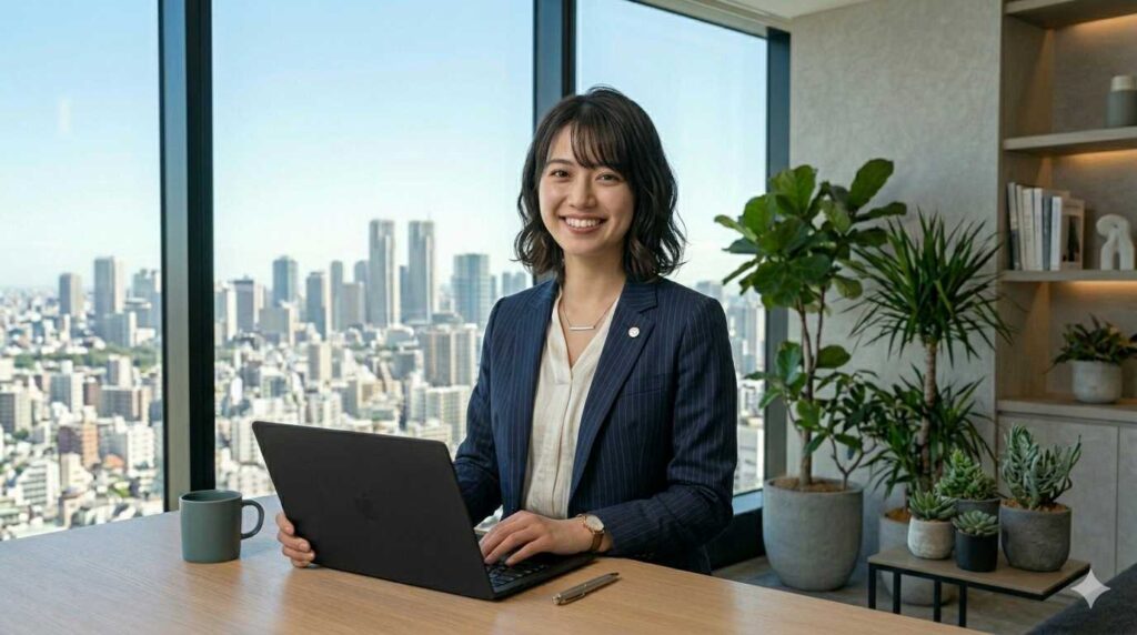 Smiling woman in a navy blazer works on a laptop at a desk by a large window overlooking a city skyline, with green plants nearby.