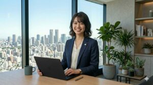 Smiling woman in a navy blazer works on a laptop at a desk by a large window overlooking a city skyline, with green plants nearby.