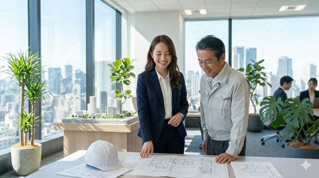 20代前半のエリートビジネスパーソン（女性）。明るく知的な「かわいい系」の笑顔を浮かべ、建設現場の図面やヘルメットが置かれたスタイリッシュなオフィスで、建設会社の経営者に寄り添うような誠実な立ち姿。紺のスーツに清潔感のある白のブラウス。背景は、未来の街づくりを感じさせるクリーンな設計事務所風の空間。