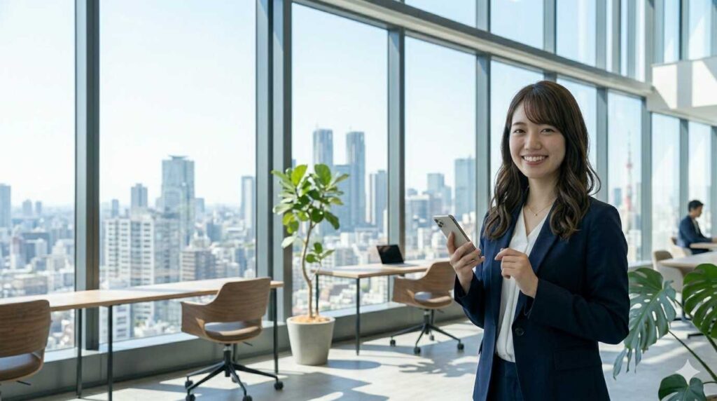 smiling business woman professional office smartphone