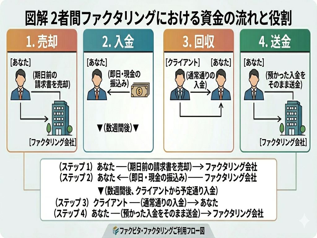 Infographic illustrating four-step flow of funds in two-party factoring: 1) You sell your pre-due invoices to the factoring company; 2) You receive immediate cash from the factoring company; 3) The client makes the usual payment (to you), with funds going back to the factoring arrangement; 4) Any remaining funds you had reserved are sent to the factoring company as remittance.