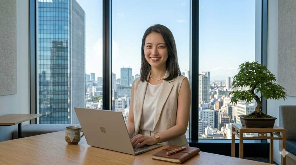 Smiling woman working on a silver laptop at a wooden desk in a bright office with a city skyline outside the window.