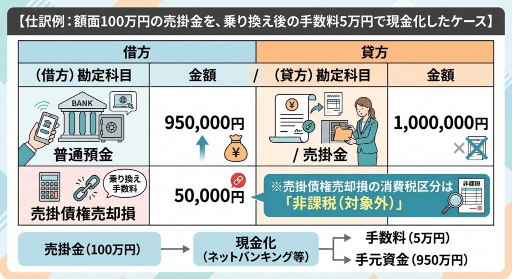 売掛金を現金化するケースの仕訳を説明する図。借方に普通預金950,000円と売掛債権売却費50,000円、貸方に売掛金1,000,000円などの金額が示され、手数料や非課税区分の案内を含む。
