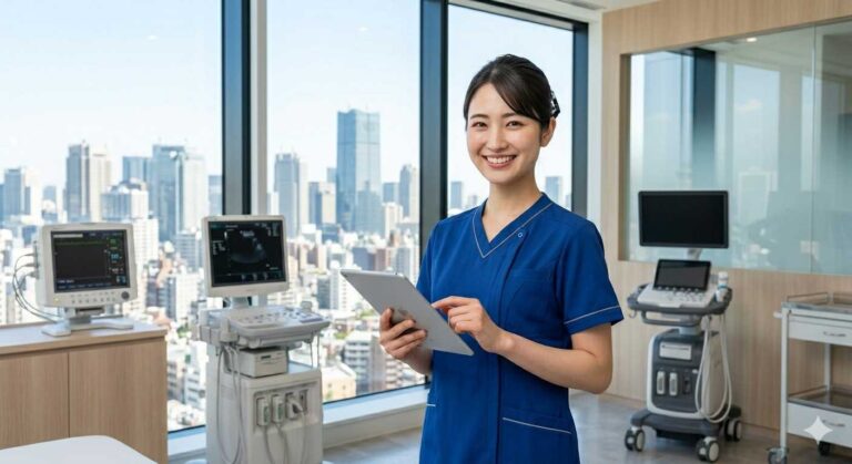 Smiling nurse in blue scrubs holds a tablet in a bright clinic with ultrasound machines and a city skyline outside the window.