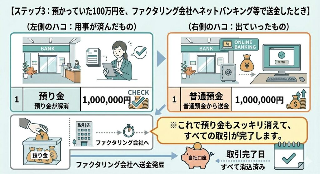 ステップ3：預かっていた100万円をファクタリング会社へ送金するプロセスを示す infographics。左に現金預かり、右にオンライン銀行送金と受領図が並ぶ。